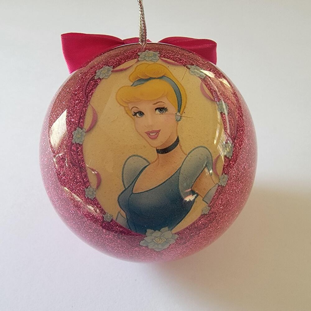 Disney Cinderella Pink Glitter Christmas Tree Ornament Ball Plastic Bow